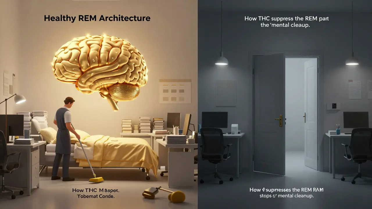 Konceptuální obraz mozku jako kanceláře, kde je jedna strana vypnutá a tmavá.