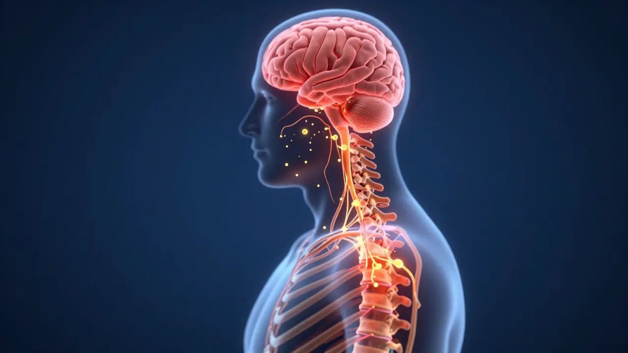 Konceptuální znázornění působení CBD na nervovou soustavu a receptory bolesti.