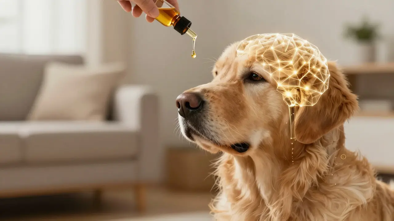 Konceptuální znázornení působení CBD na receptory v těle psa.