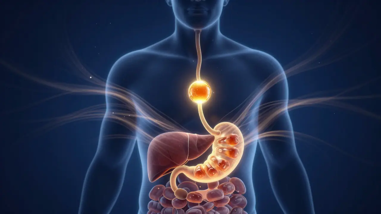 Konceptuální zobrazení vstřebávání CBN gumíčku v lidském těle.