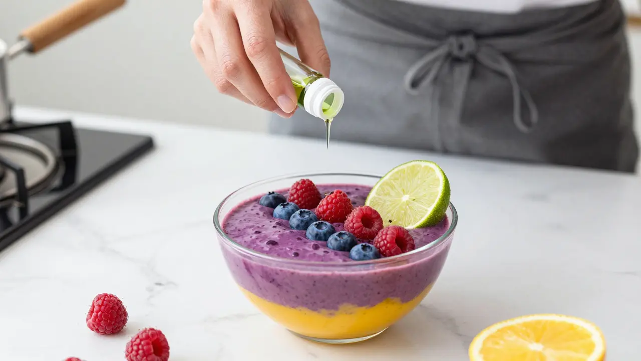 Kuchař přidává konopný olej do barevného smoothie s ovocem.