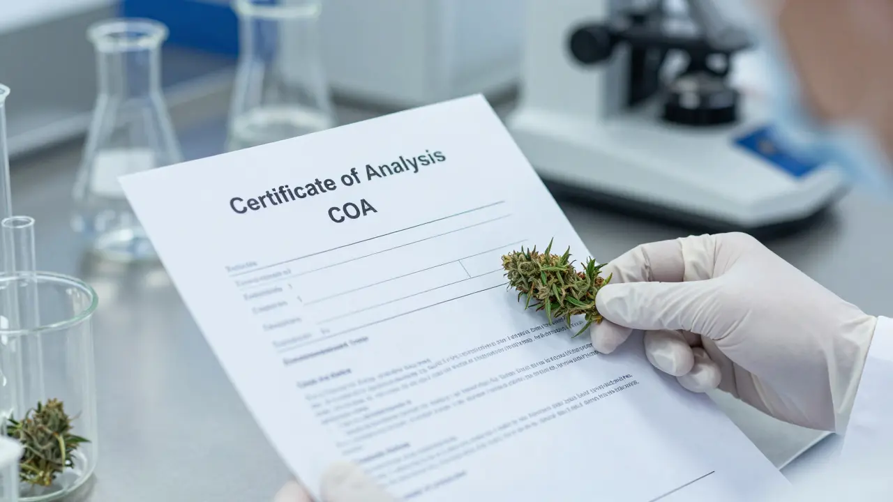 Laboratorní prostředí s certifikátem analýzy COA a čistými cannabis květy.