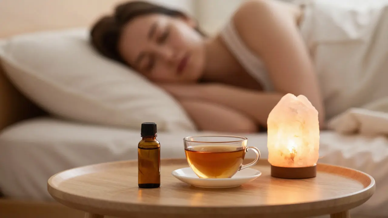 Lahvička CBD oleje a šálek čaje na nočním stolku vedle spící osoby.