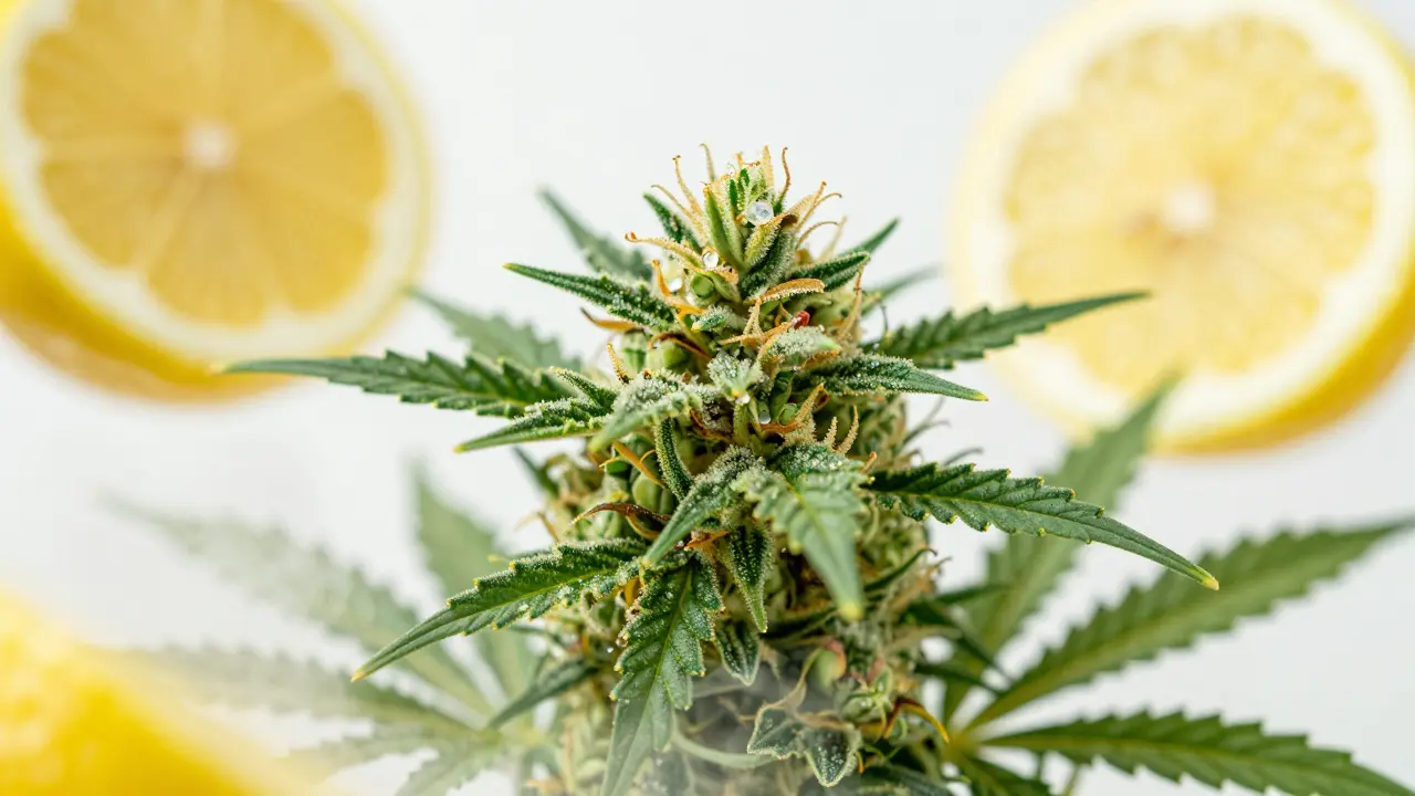 Makro detail květu konopí s plátky citronu symbolizující osvěžující terpeny.