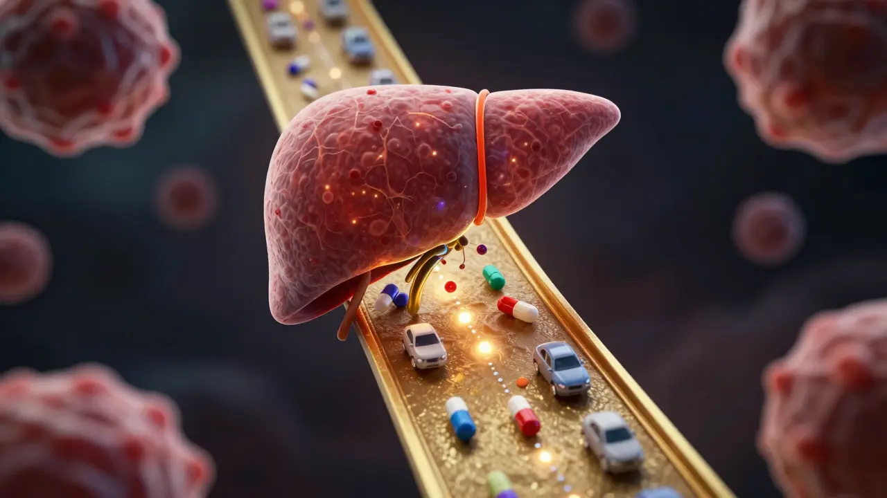Mikroskopická ilustrace interakce CBD s enzymy v játrech blokujícími metabolismus léků.