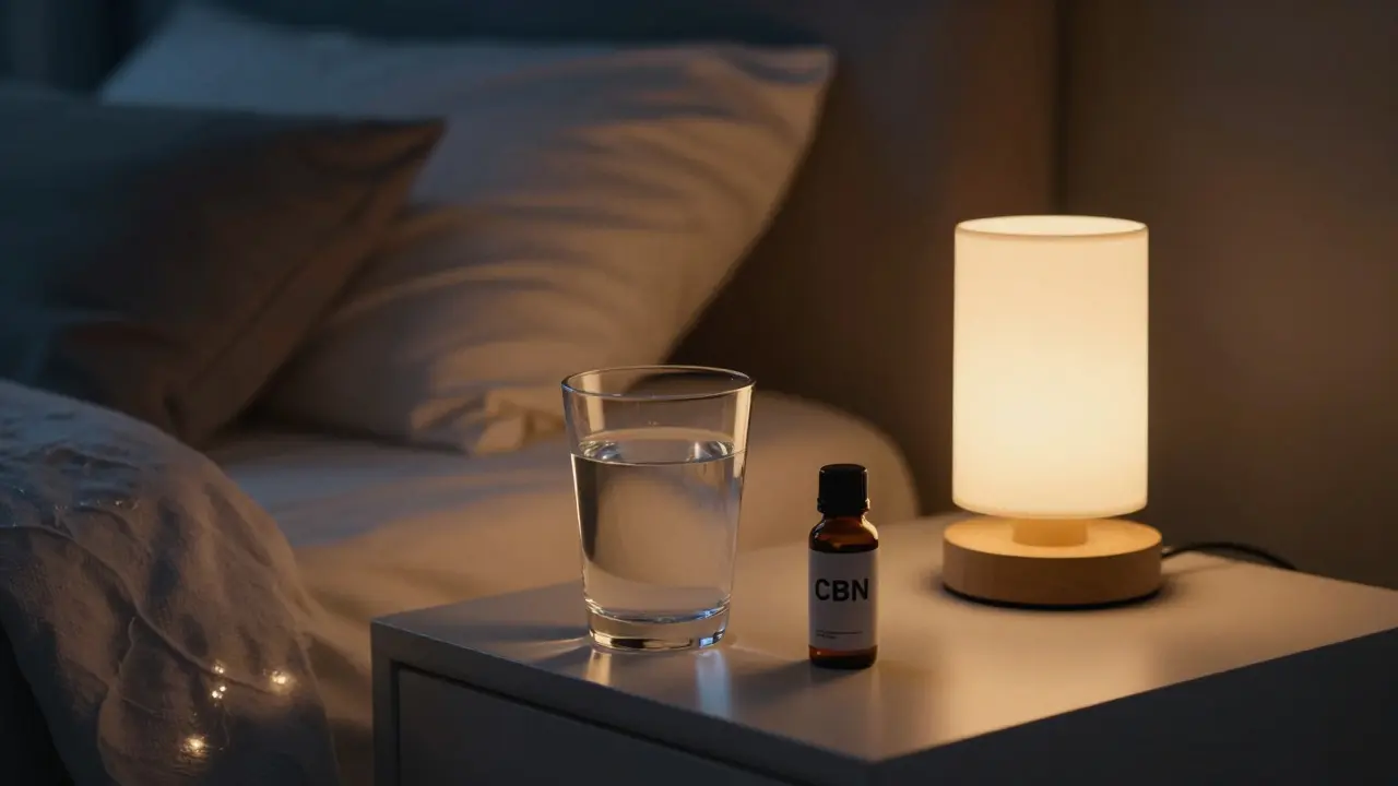 Noční stolku s lahvičkou CBN oleje a sklenicí vody v temné ložnici.