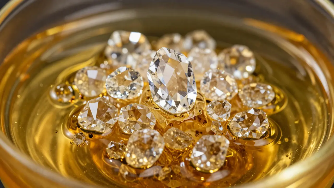 Průhledné krystaly THC diamanty ponořené v zlatovém terpenovém oleji.