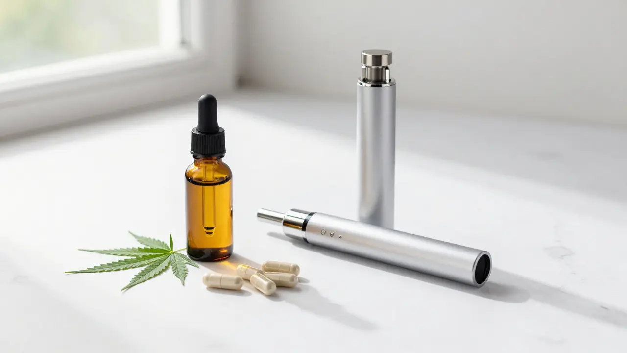 Sada medicínských produktů z konopí: olej, kapsle a vaporizér na bílém mramoru.