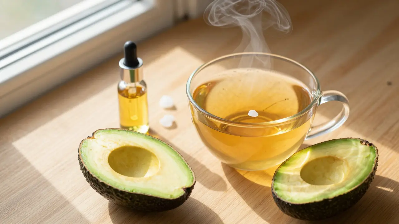 Šálek čaje, avokádo a CBD izolát v ranním světle.