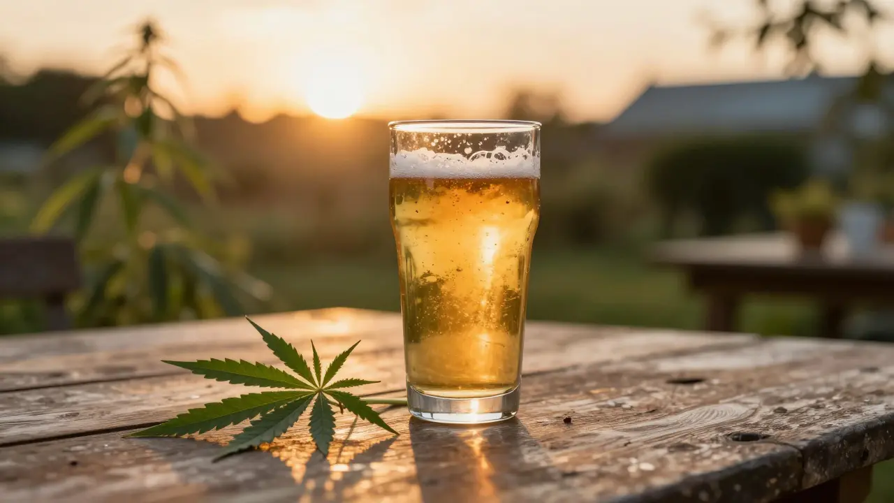 Sklenice konopného piva s CBD vedle zeleného lístku konopí v záři zapadajícího slunce.