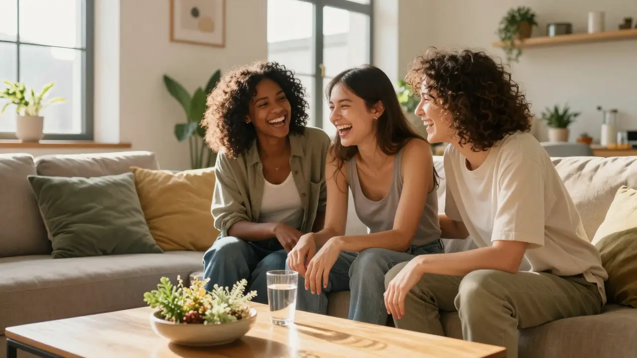 Skupina přátel se společně hlasitě směje v prosvětleném moderním obývacím pokoji.