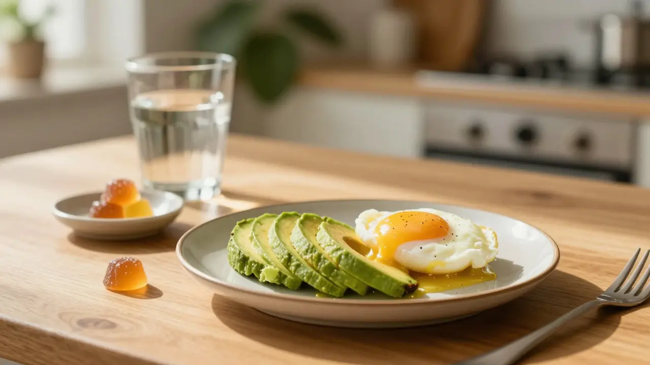 Snídaně s avokádem a vejcem s CBD bonbonem na stole v přirozeném světle.