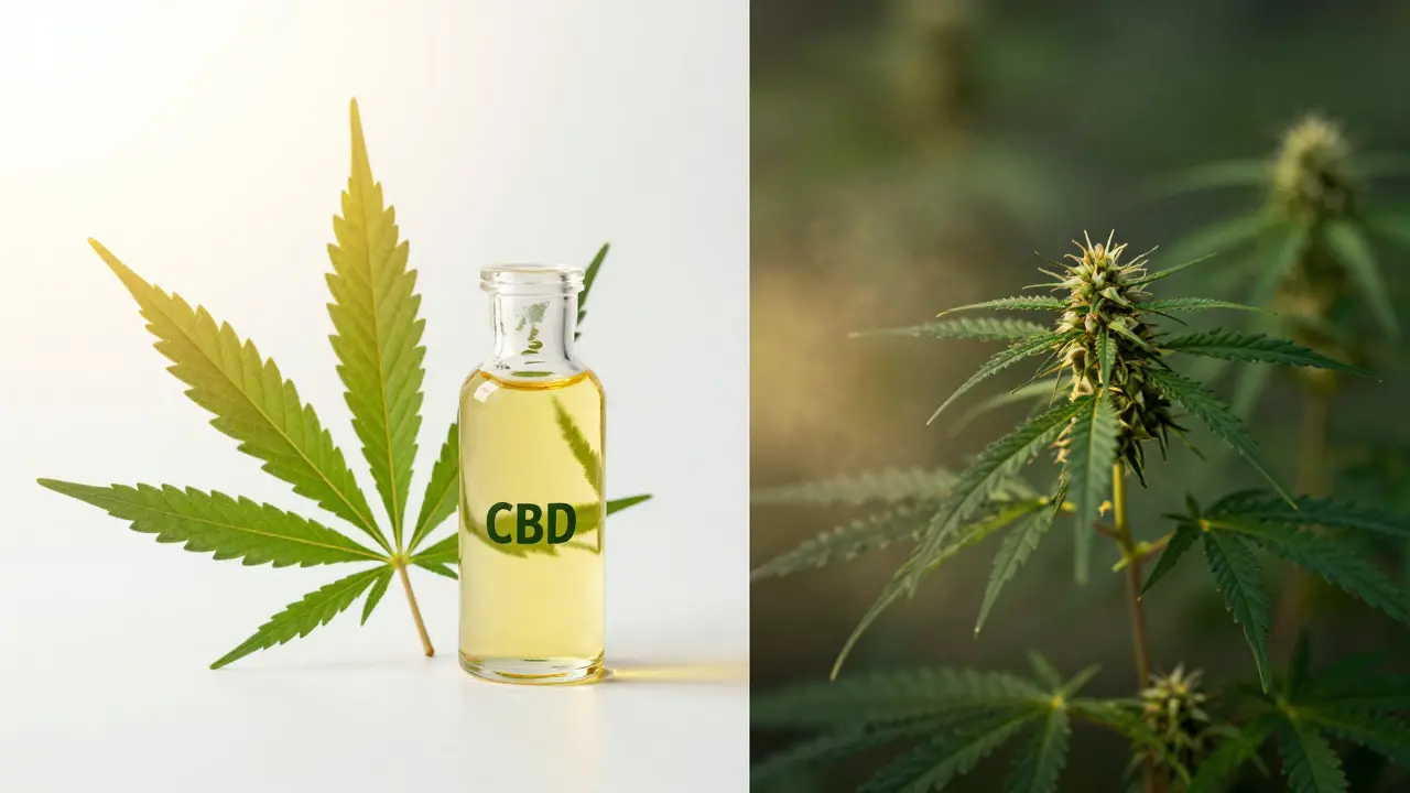 Srovnání CBD a THC znázorněné pomocí klidné a intenzivní atmosféry s konopným olejem.