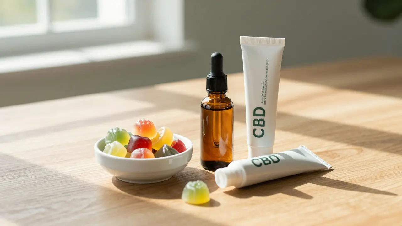 Srovnání CBD bonbonů, CBD oleje a CBD krému na dřevěném stole