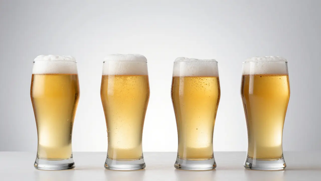 Srovnání čtyř sklenic světlého piva s různou průhledností v minimalistickém studiu.
