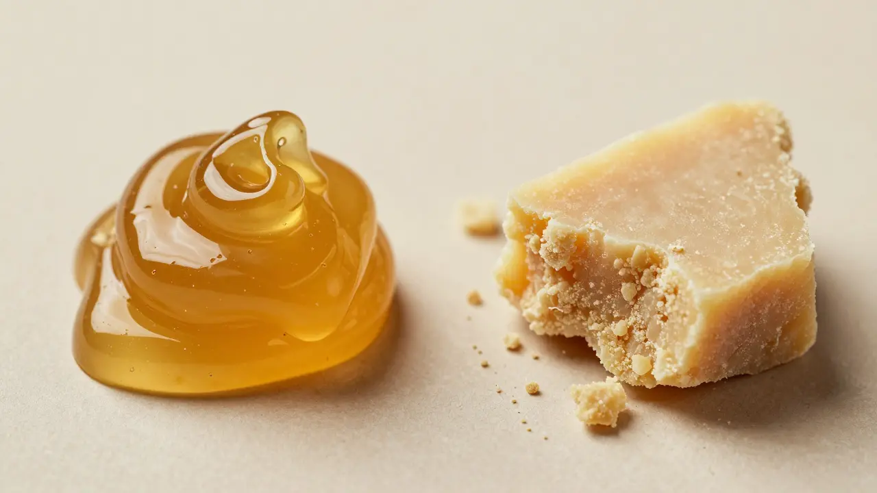 Srovnání textur lepkavého CBD waxu a drolivého CBD crumble.