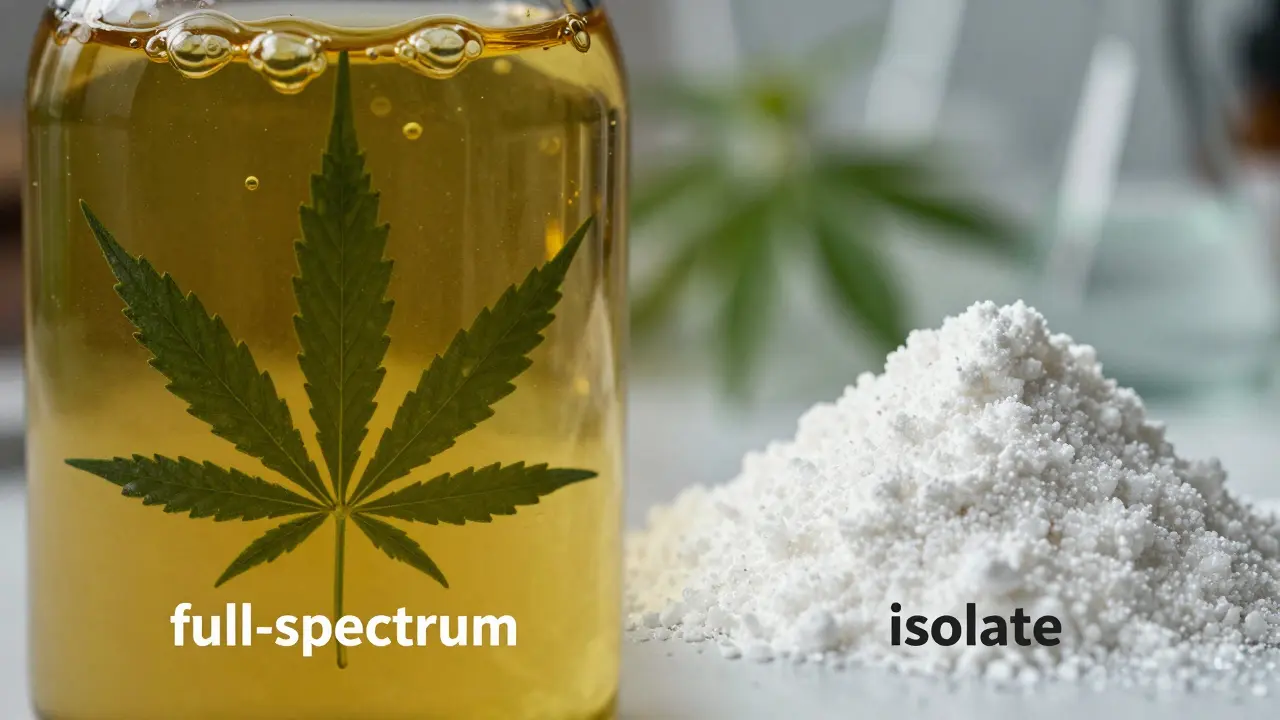 Srovnání zlatový konopného oleje a čistého bílého CBD izolátu.