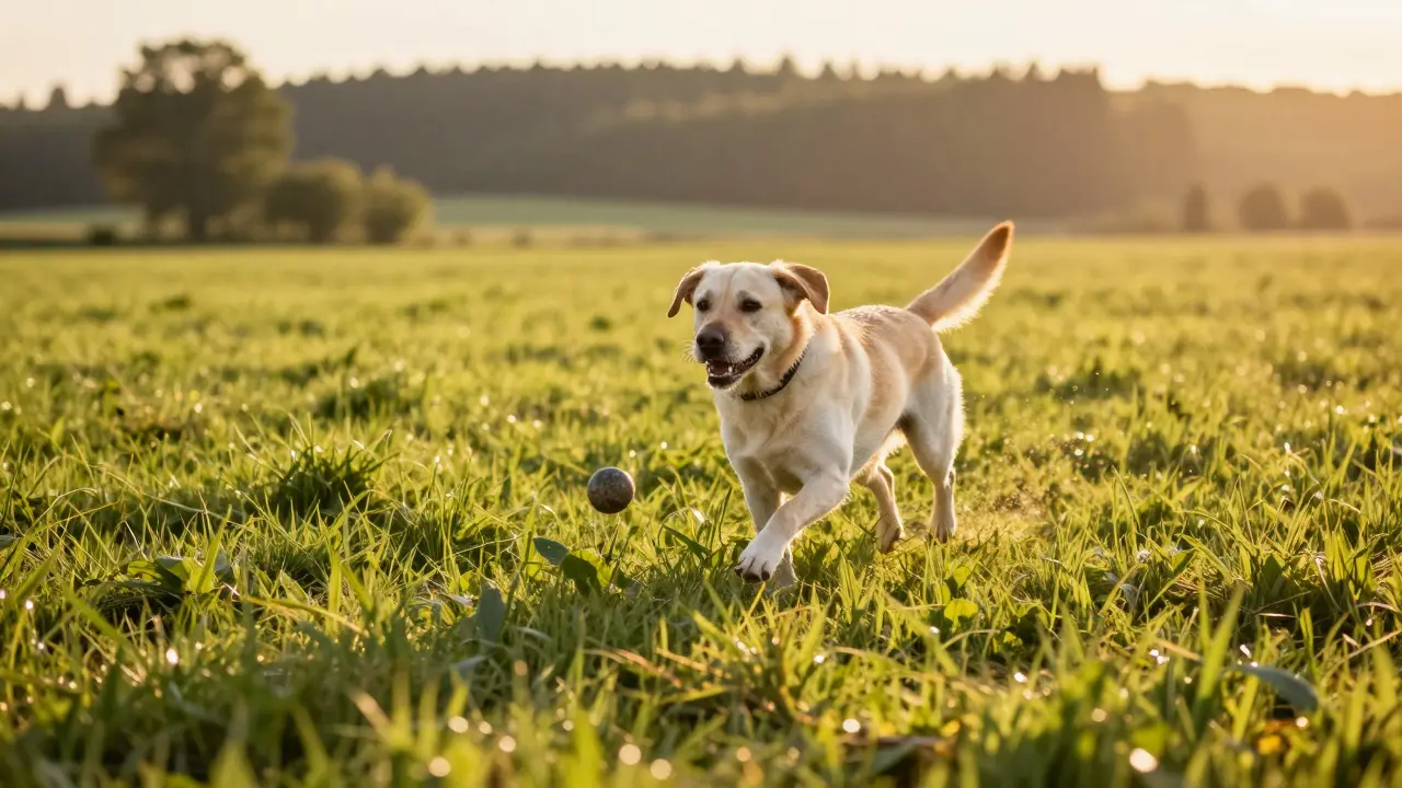 Starší pes radostně běhá po zelené louce v zapadajícím slunci.