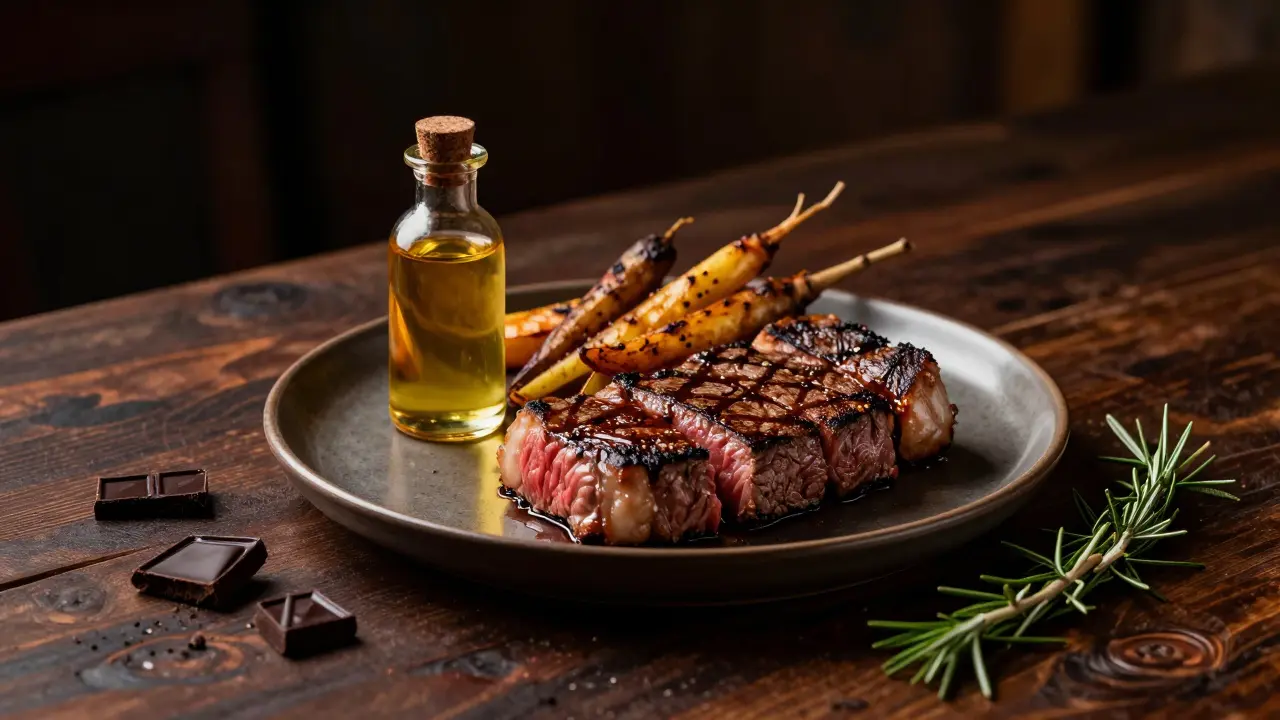 Sтейk s pečenou zeleninou a konopným olejem na rustikálním stole.