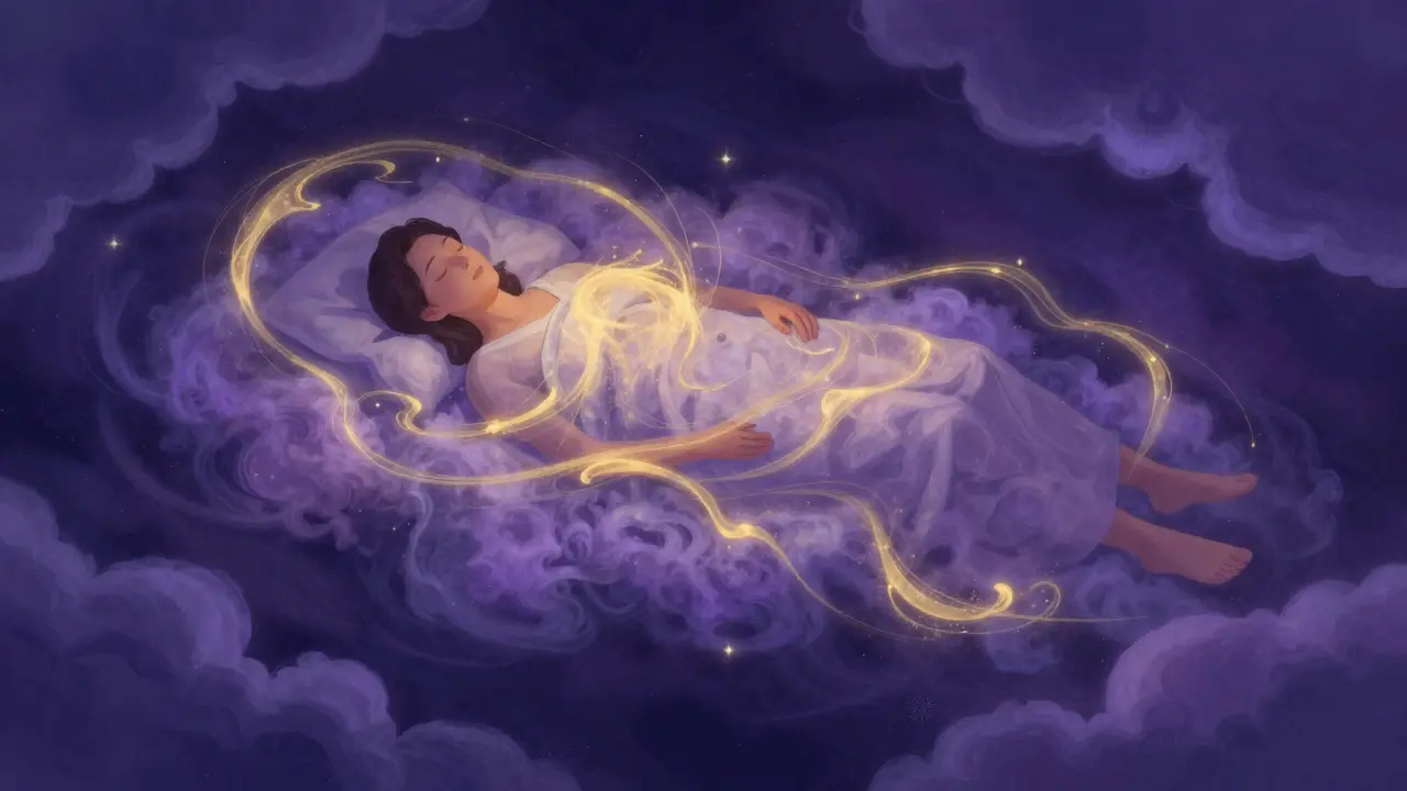 Surrealní ilustrace člověka plujícího v hlubokém modrém spacím prostoru s golden energií.