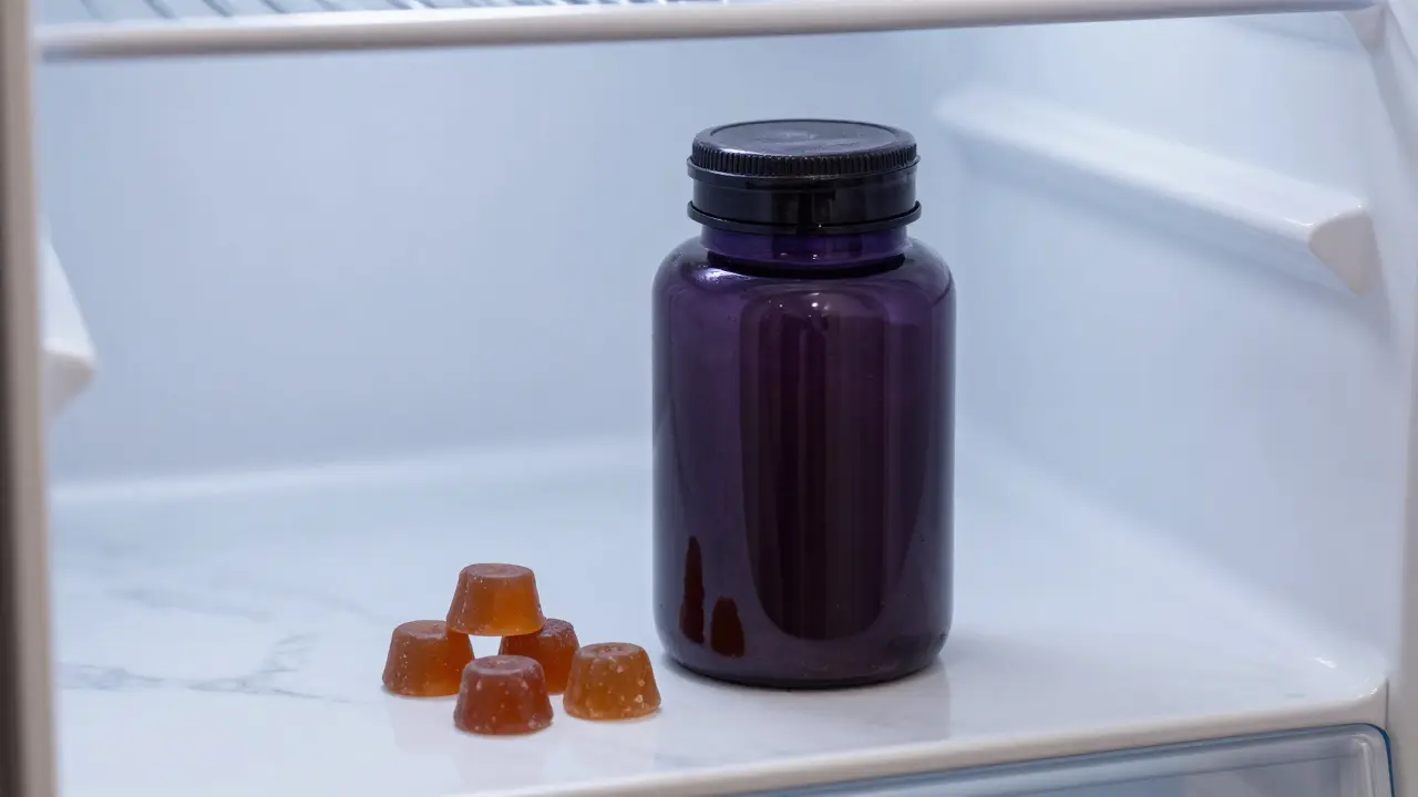 Tmavá skleněná nádoba na uchovávání CBN gumíček na mramoru.