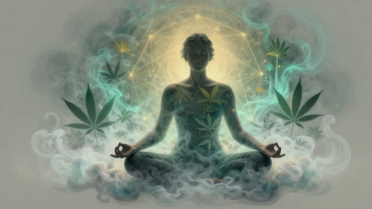 Umělecké znázornění relaxace a mentálního klidu s motivem konopných listů.