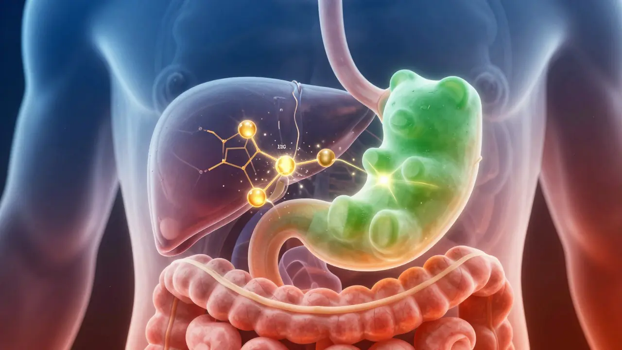 Abstraktní ilustrace metabolismu THC v lidském těle a játrech