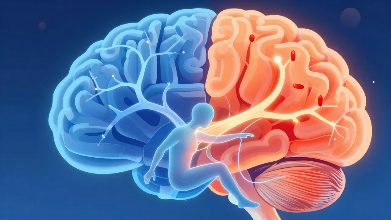 Abstraktní ilustrace neuronových drah ukazující účinky CBD a THC na mozek