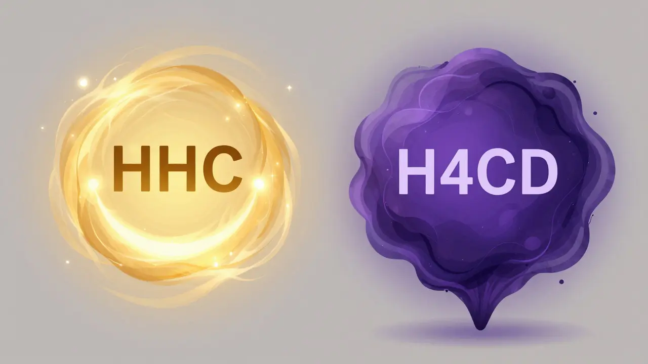 Abstraktní ilustrace porovnávající lehký efekt HHC a těžký efekt H4CBD