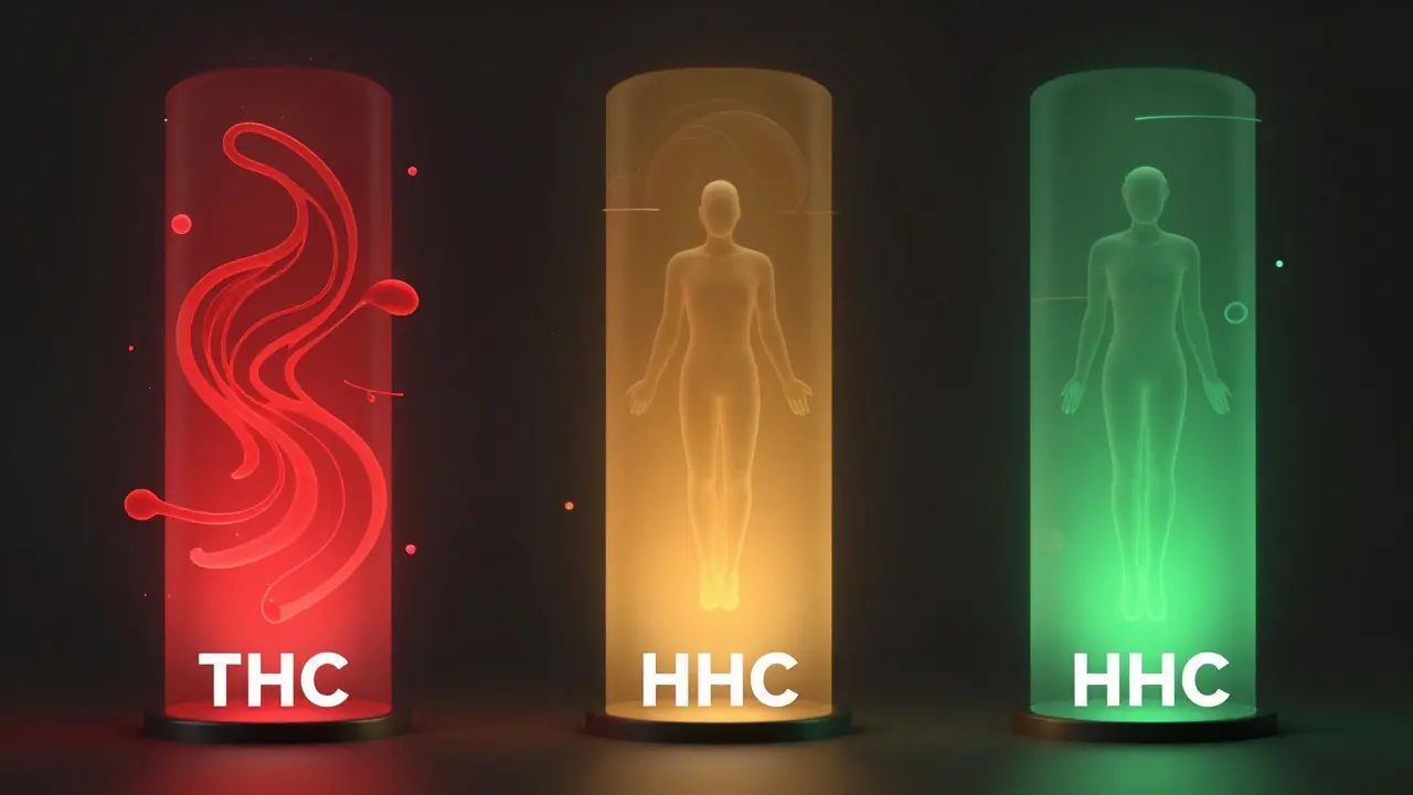 Abstraktní porovnání účinků THC, CBD a HHC pomocí barevných světelných sloupů.