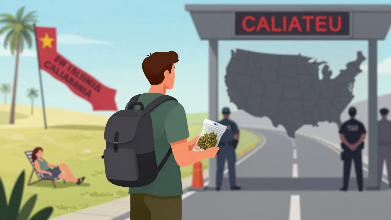Cestovatel na hranici s balíčkem konopí