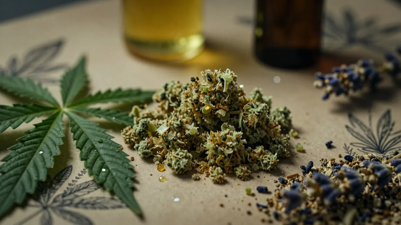 Detailní záběr na CBD crumble a konopné listy při měkkém světle