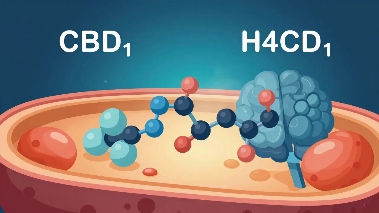 Ilustrace molekuly CBD a H4CBD v tukových buňkách