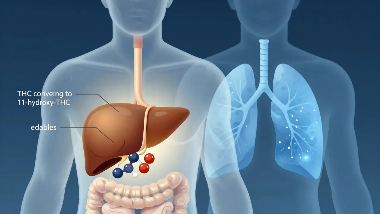 Konceptuální ilustrace zobrazující rozdíl v metabolizaci jater a plicích.