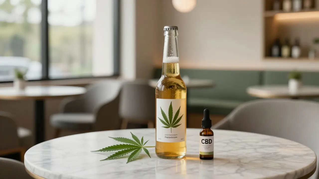 Láhve piva vedle konopných listů a CBD kapavek