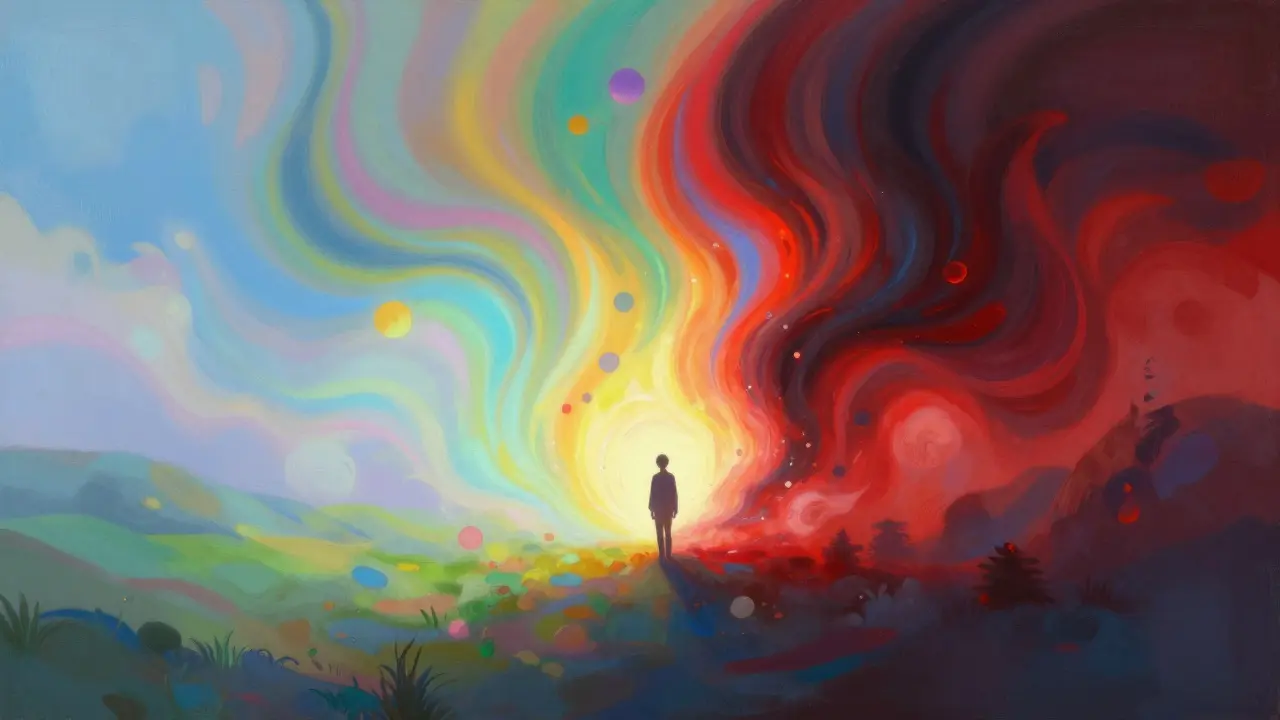 Surrealistický obraz zobrazující různé úrovně účinků edibles barvami.