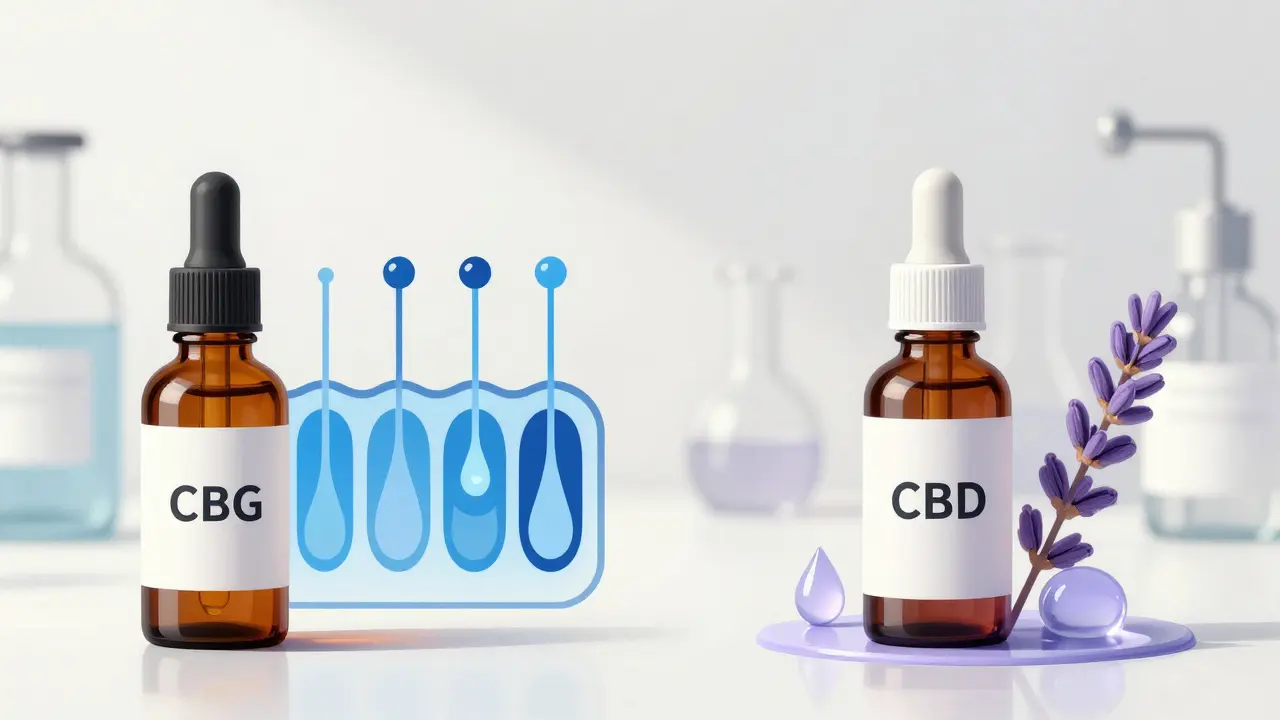 Umělecká ilustrace porovnávající účinky CBG a CBD na pleť