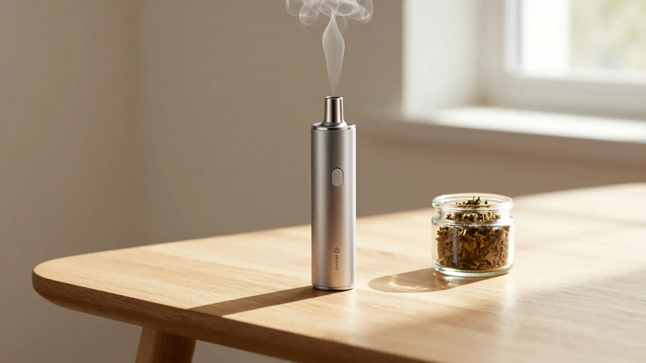 Vaporizér na dřevěném stole jako zdravější alternativa kouření.