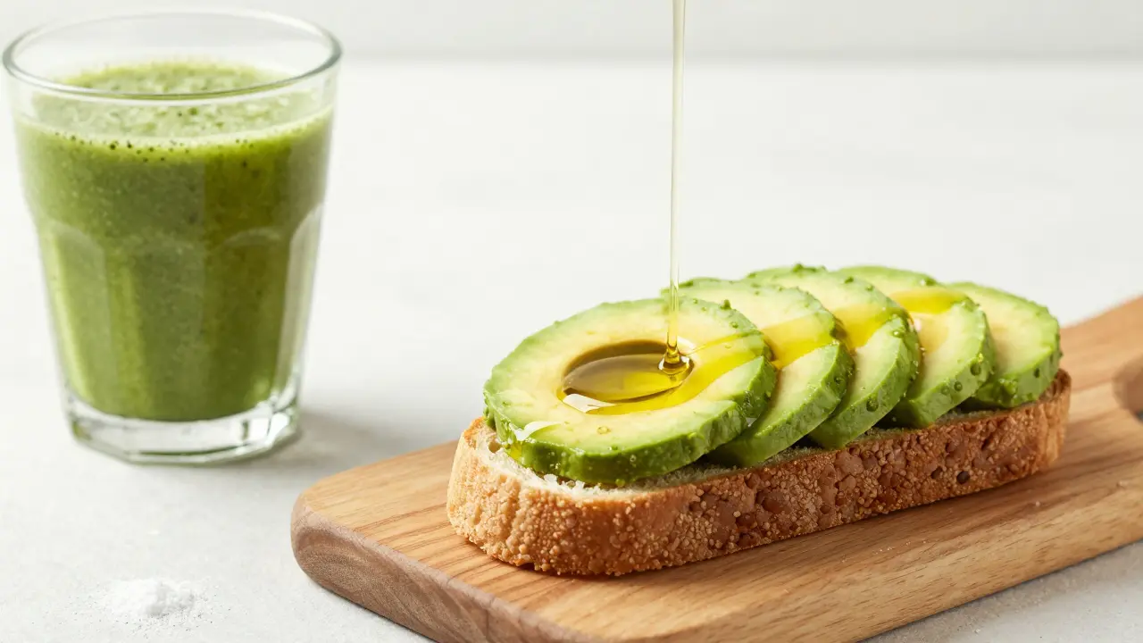 Zdravé jídlo jako avokádový toast a smoothie s přídavkem CBD