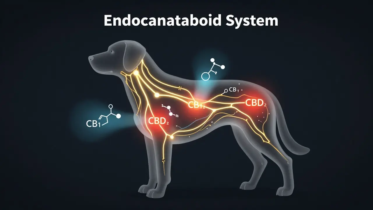 Abstraktní ilustrace endokannabinního systému u psa s CBD molekulami