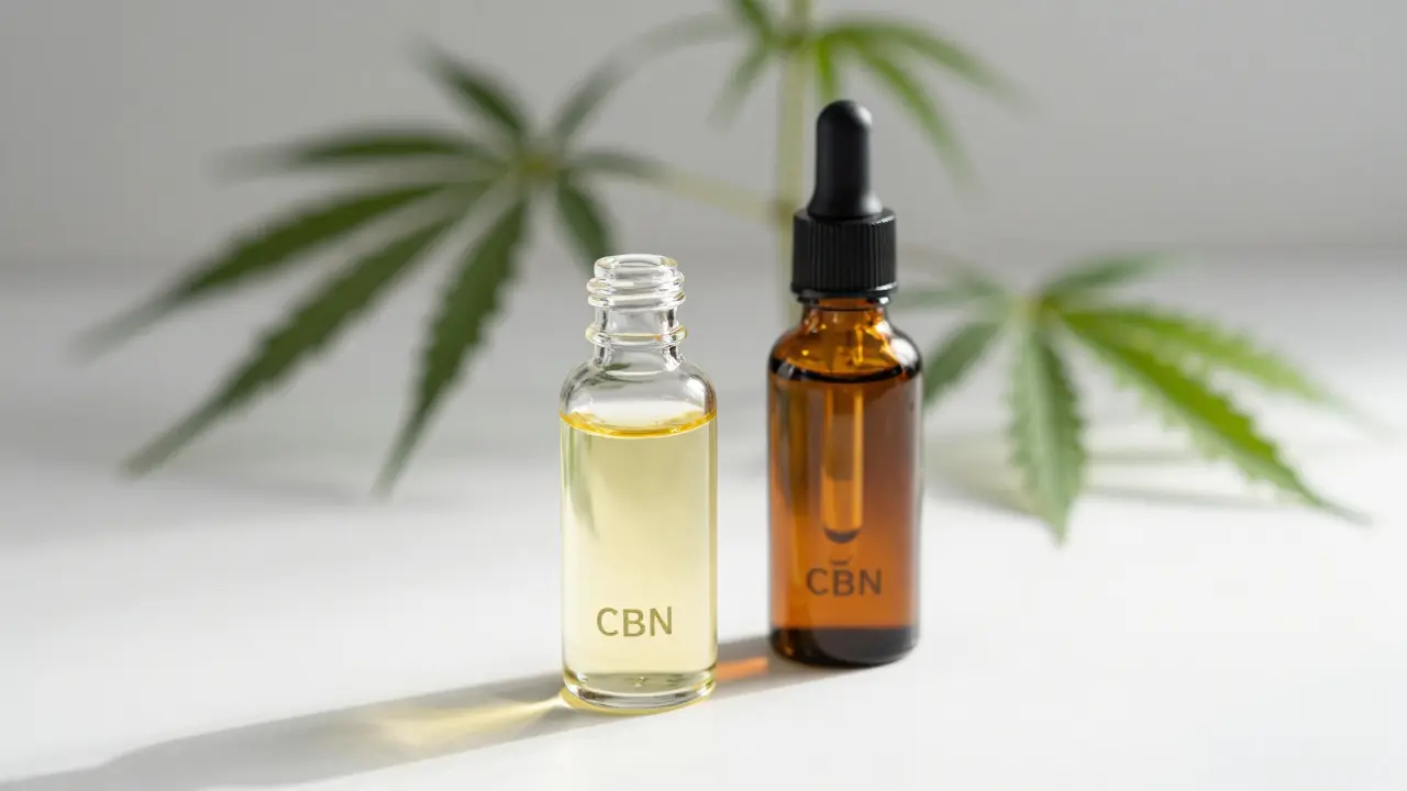 Dvě lahvičky s oleji CBD a CBN na bílém pozadí s listy konopí