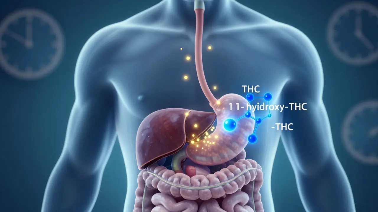 Ilustrace přeměny THC v játrech na silnější metabolit v těle.