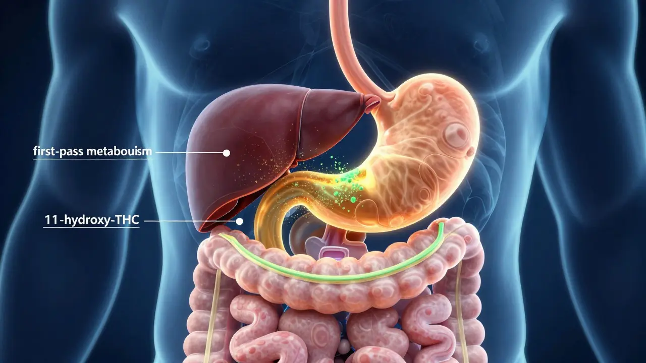 Ilustrace trávicího systému s vizualizací metabolismu THC v játrech