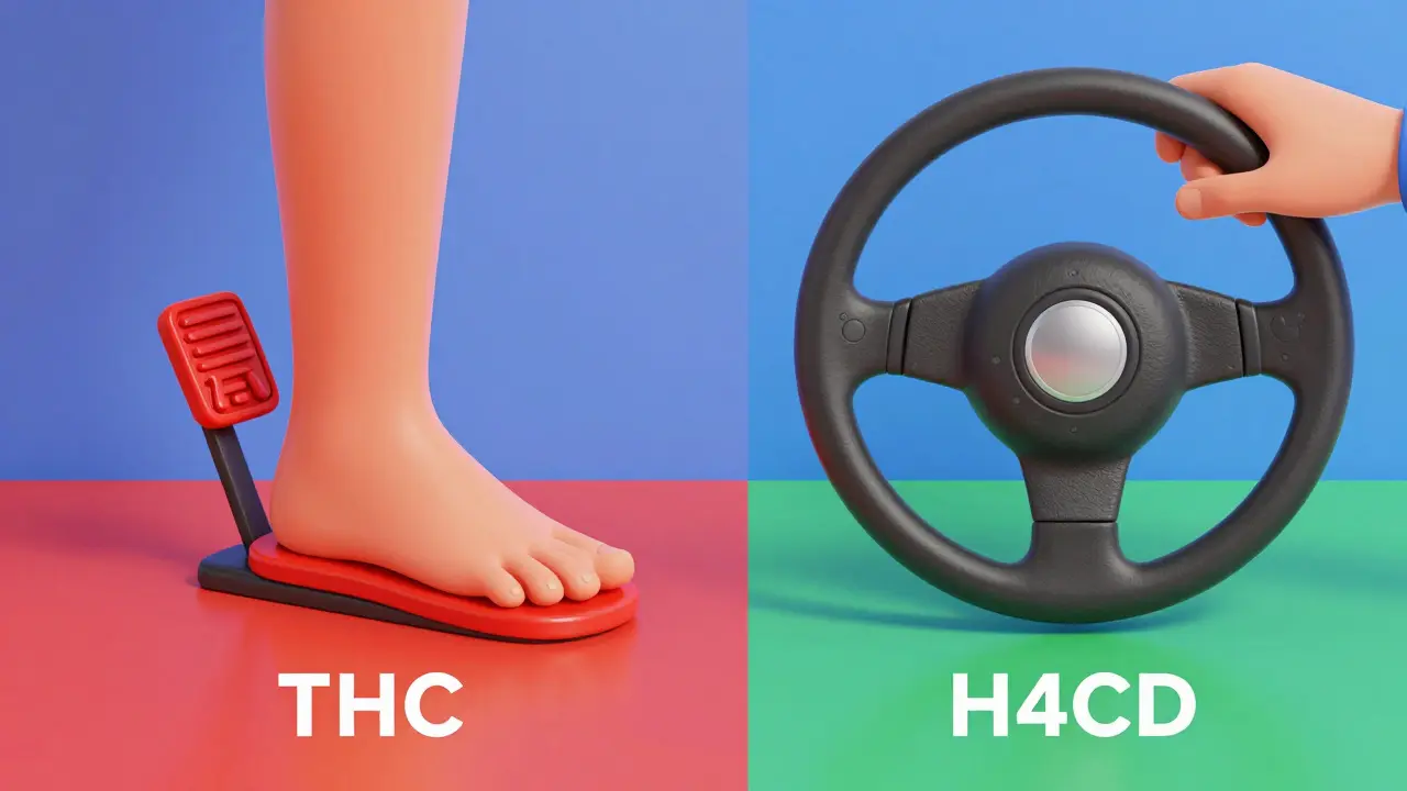 Konceptuální ilustrace srovnání účinků THC a H4CBD pomocí auta