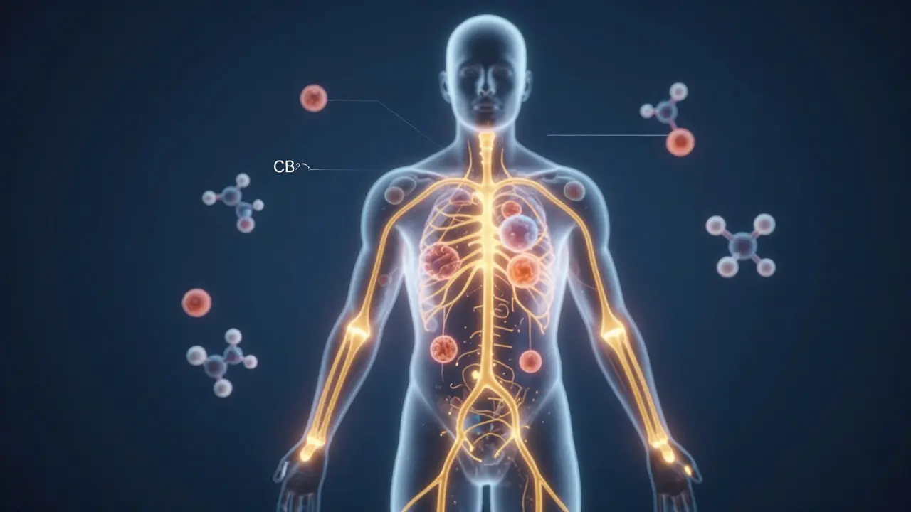 Konceptuální vizualizace endokanabinoidního systému a účinku CBD