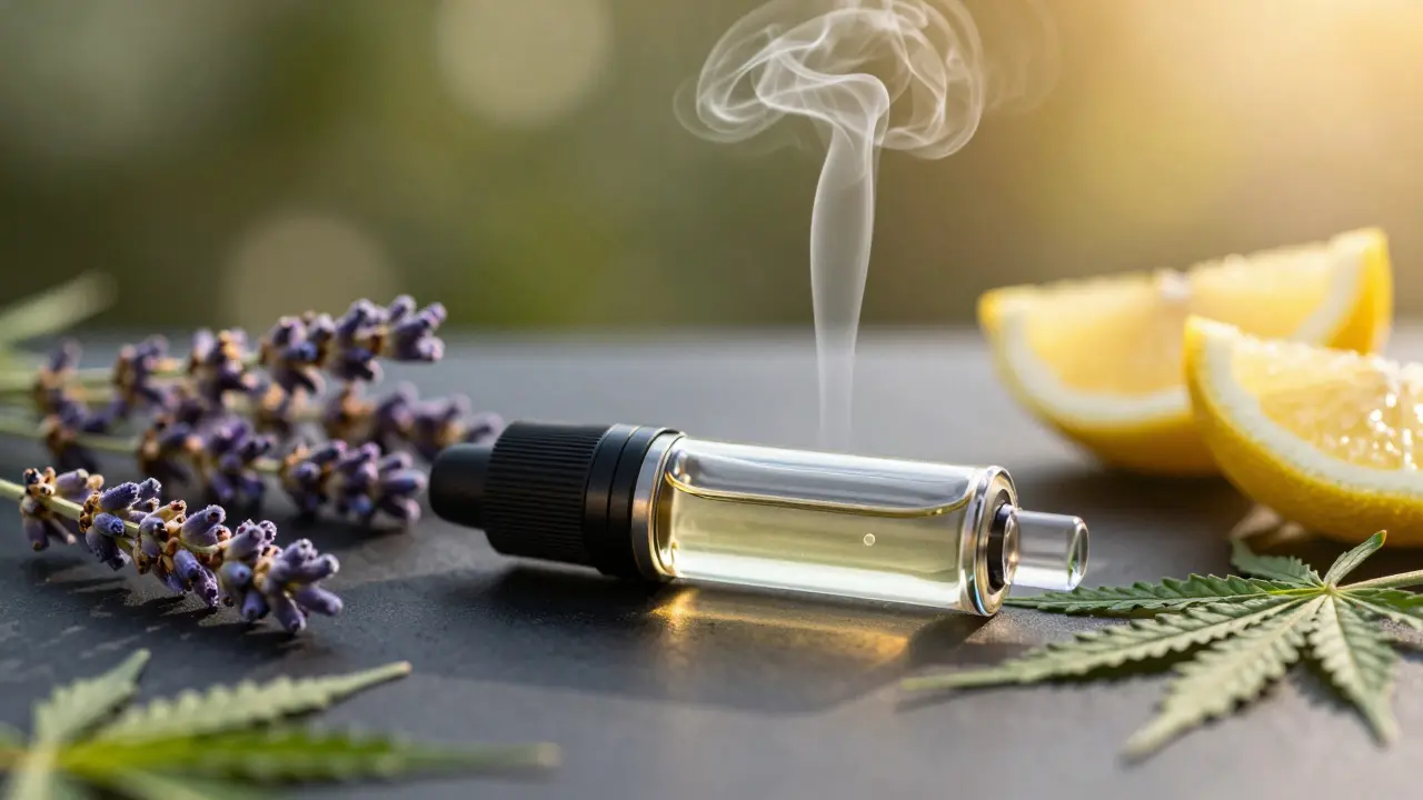 Kvalitní CBD kartridž s párou a přírodními ingrediencemi jako levandule