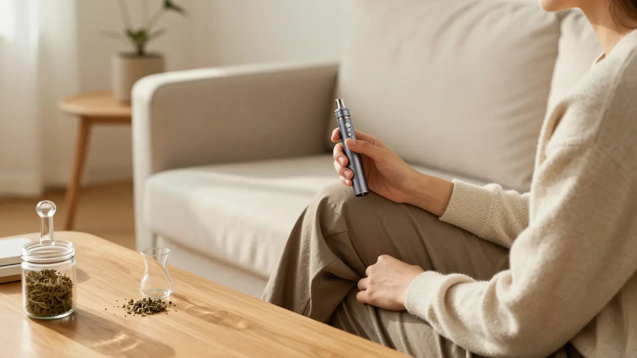 Relaxovaná osoba s vaporizérem v moderním obývacím pokoji