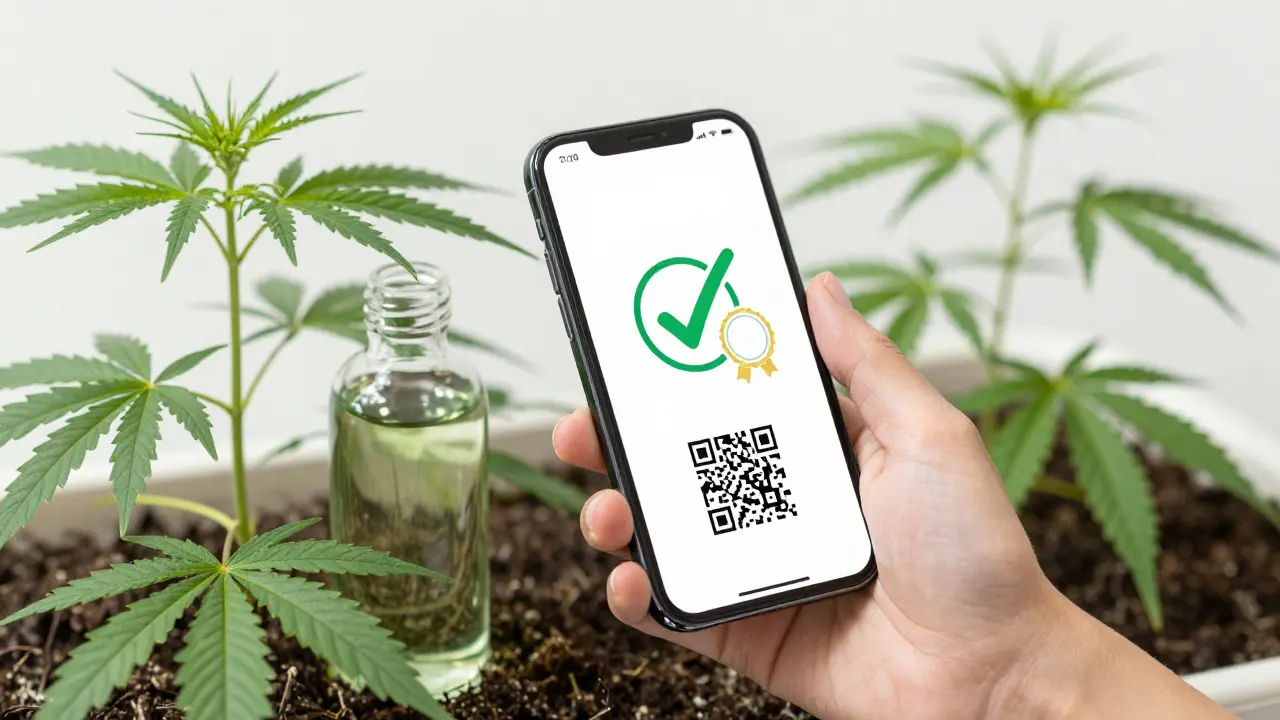 Skener QR kódu na lahvi séra vedle organických rostlin konopí