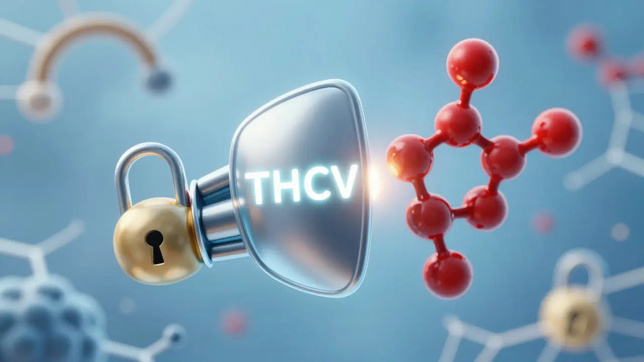Stříbrná molekula THCV blokuje červené THC na receptoru