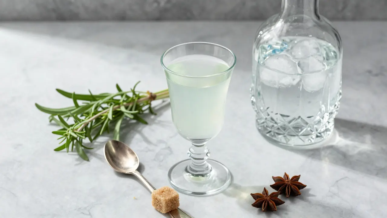Tradiční příprava absintu s lžičkou, cukrem a sklenicí